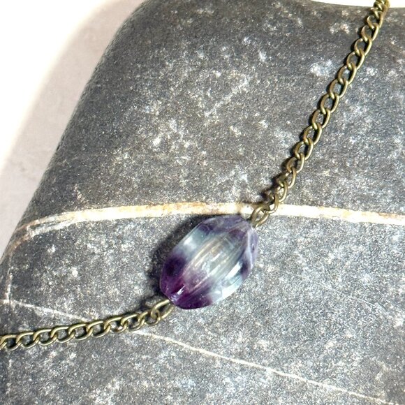 2/$20, Rainbow Fluorite Short Necklace, Genuine Gemstone Pendant & Bronze Chain - Picture 4 of 12
